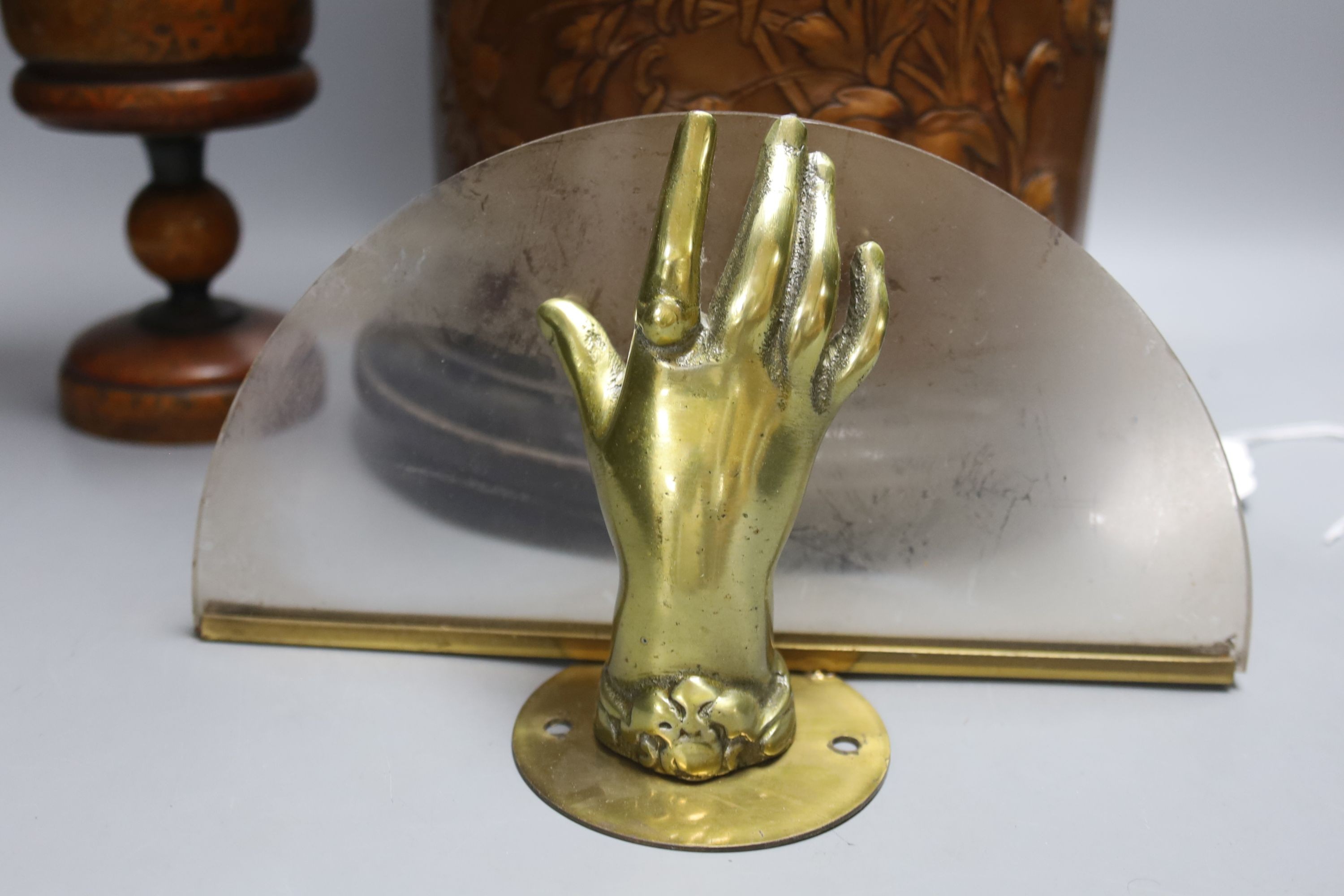 A Russian papier mache box, 26.5cm, an embossed leather stick stand, a Persian painted wood vase, metalware etc
